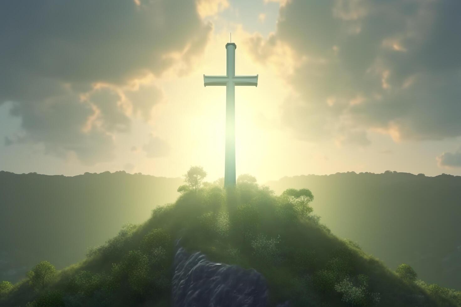 The cross of God with green Leaf, in the rays of the sun and blue sky. Cross on the hill with green trees and graeen natural view. Religious concept, photo