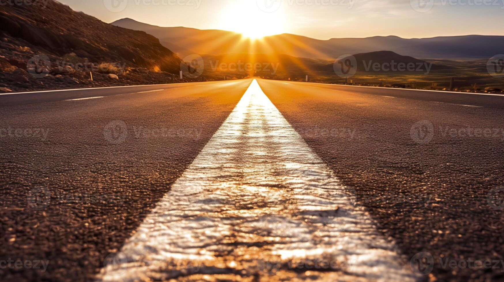 Black Asphalt Road And White Dividing Lines. Highway in early morning. digital ai art. photo