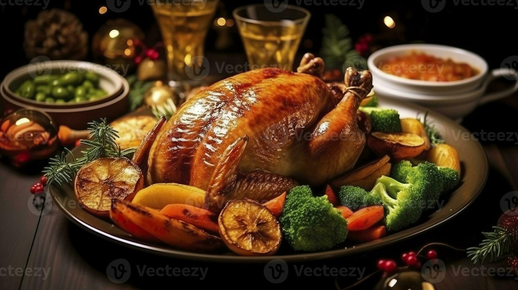 Juicy and tasty roast turkey on a plate with Christmas decorations. Roasted chicken with vegetables, Roast chicken party, all kinds of food, beer. AI Generative photo