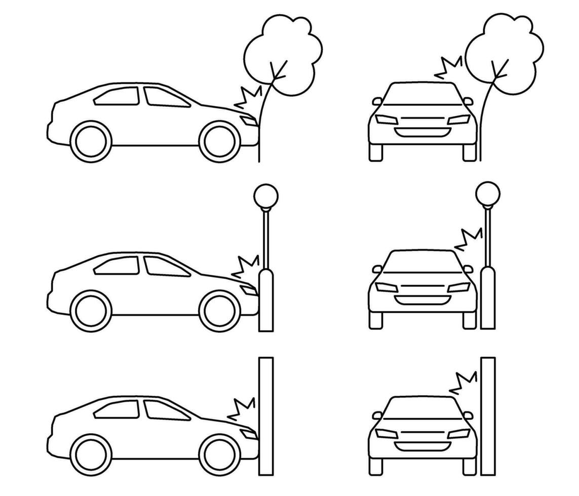 Car crash, accident of transport, line art icon set. Collision with an obstacle tree, lantern, wall. Frontal collision. Vector outline illustration