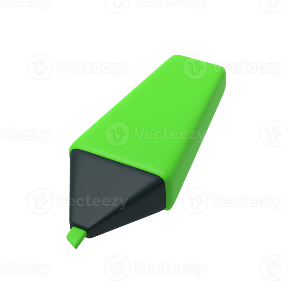 3d green highlighter marker icon for school office. Stationery important message symbol illustration rendering editable isolated transparent png