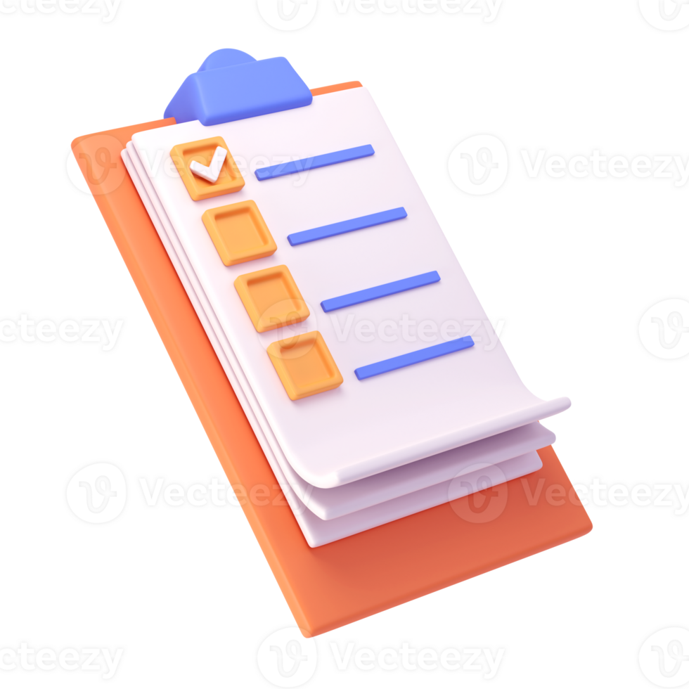 3d white clipboard icon task management todo check list on orange plane background. Work project plan concept, fast checklist, isolated transparent png. productivity checklist png