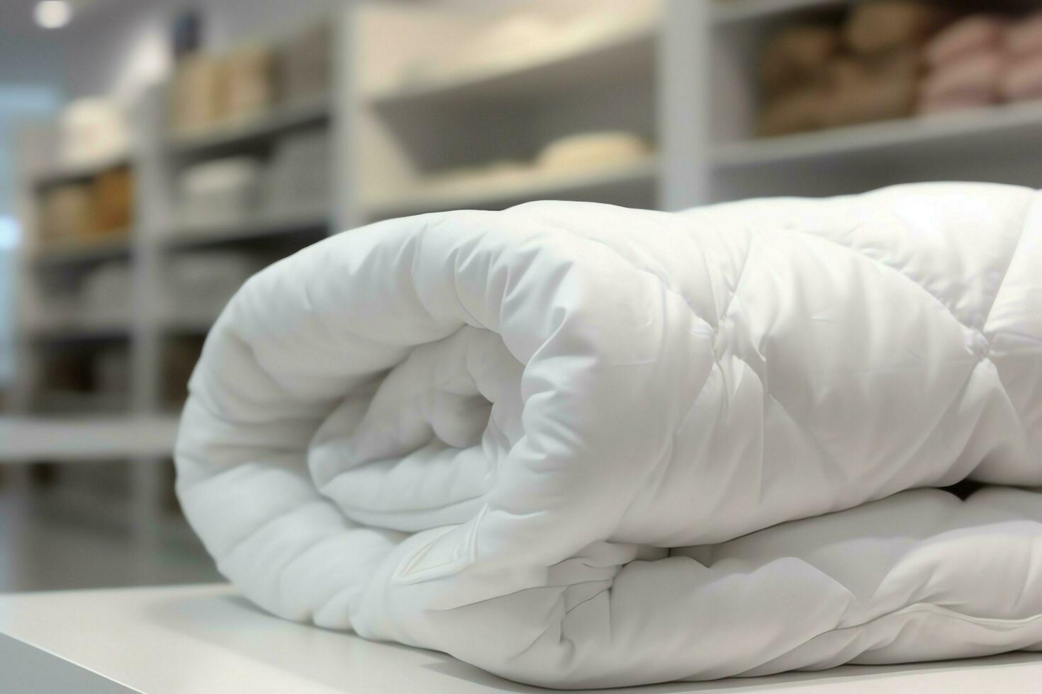hermosa lujo cómodo blanco almohada y cobija en cama decoración. lujo blanco abajo edredón concepto por ai generado foto
