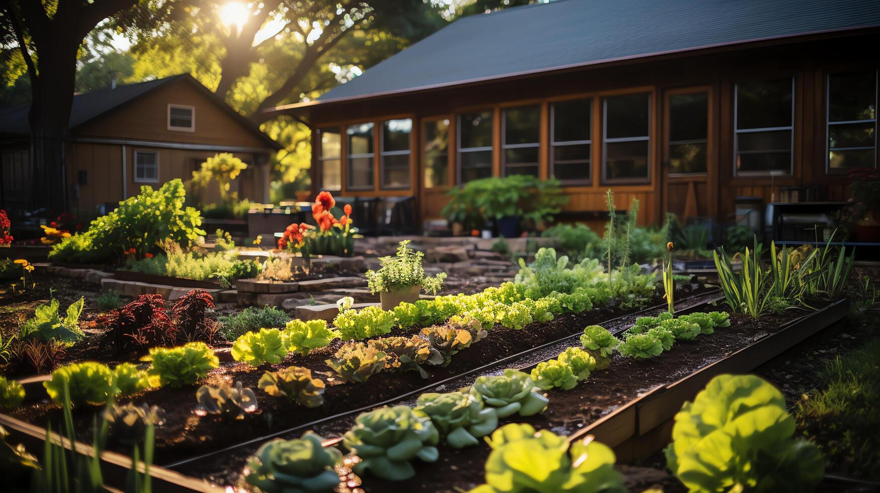 Wooden house in village with plants and flowers in backyard garden. Garden and flower on rural house concept by photo
