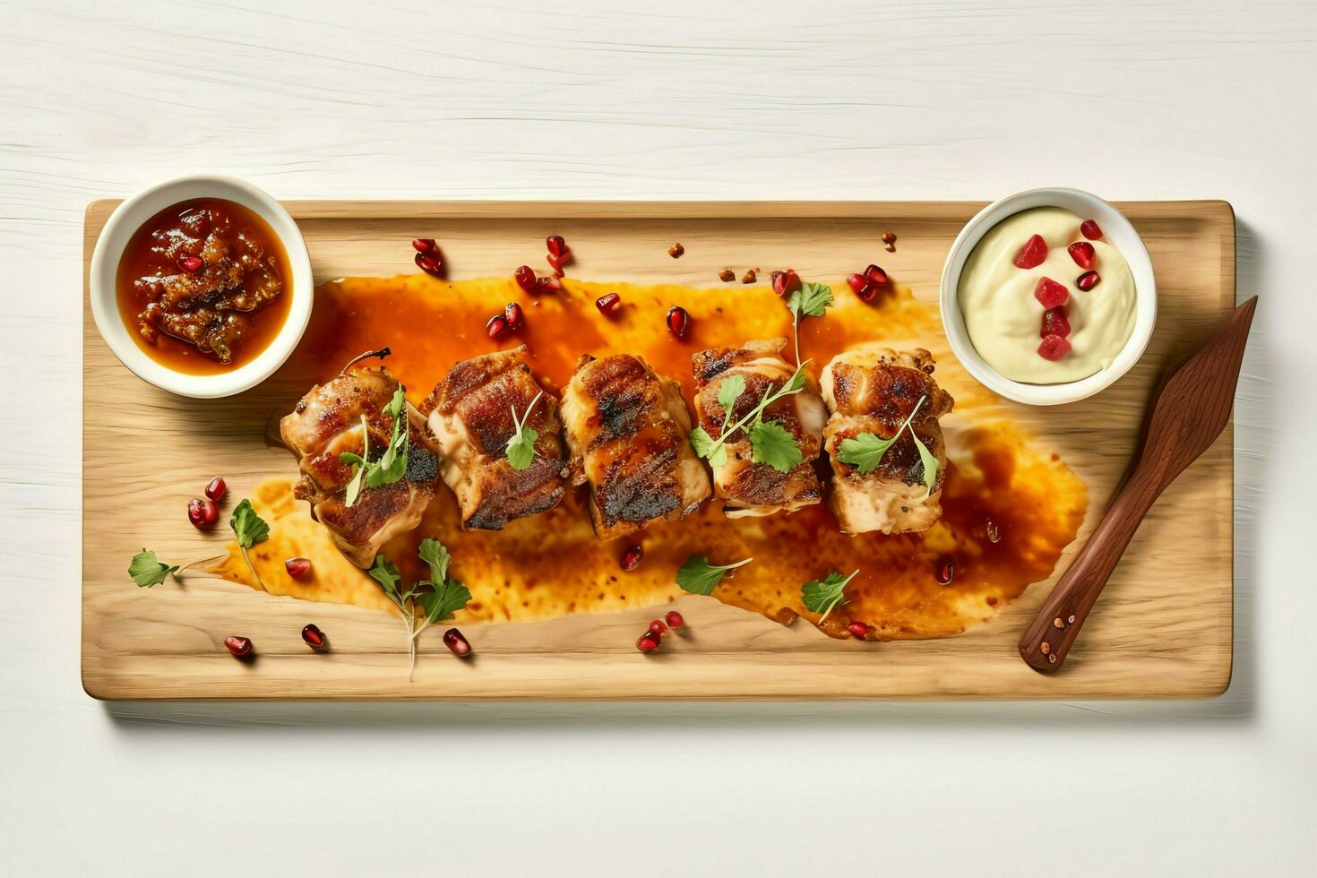 Pork belly braaivleis with mango and chili sauce served on a wooden plank. Restaurant food concept by AI Generated photo
