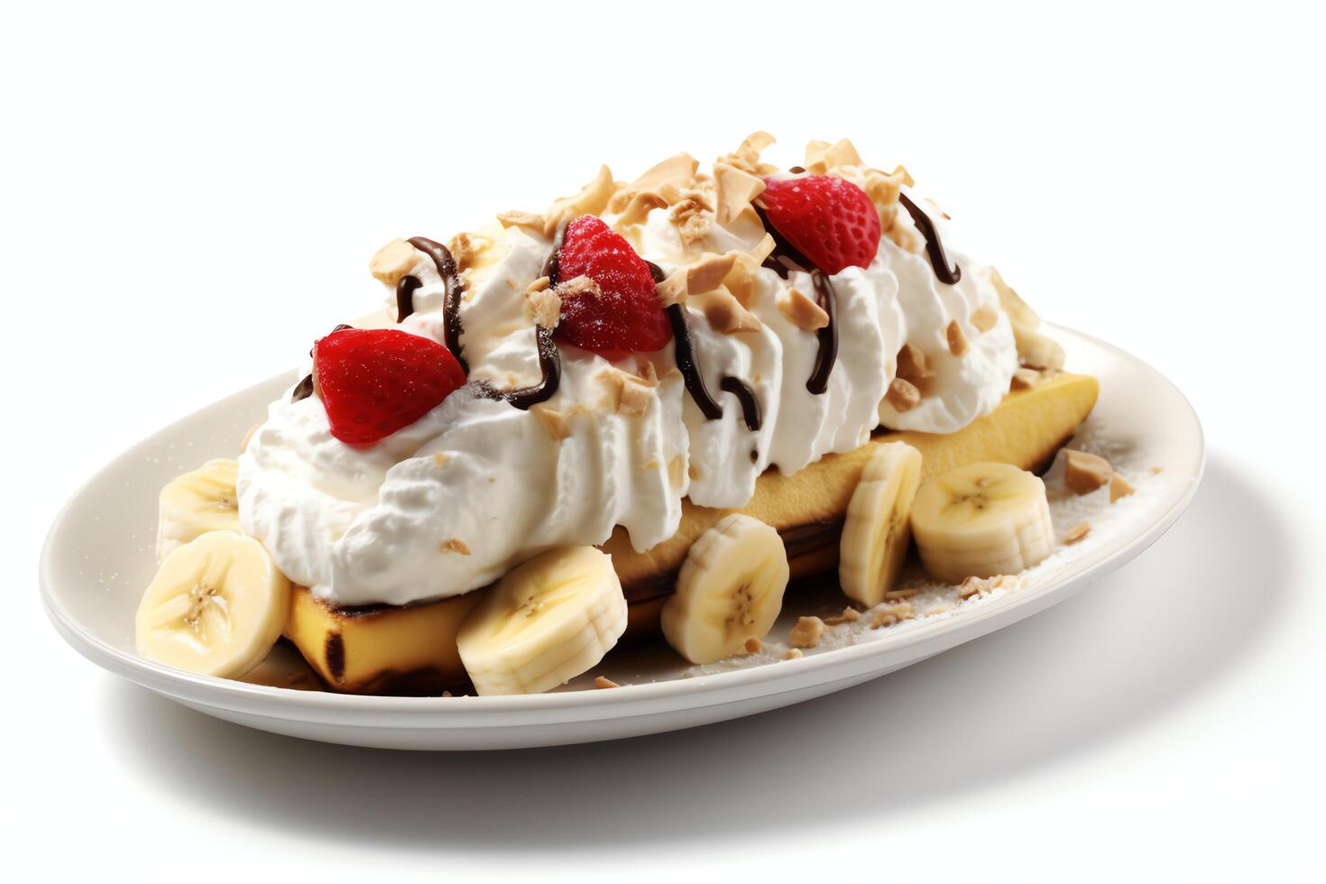 A delicious Banana split ice cream dessert with chocolate syrup. Banana split ice cream dessert by AI Generated photo