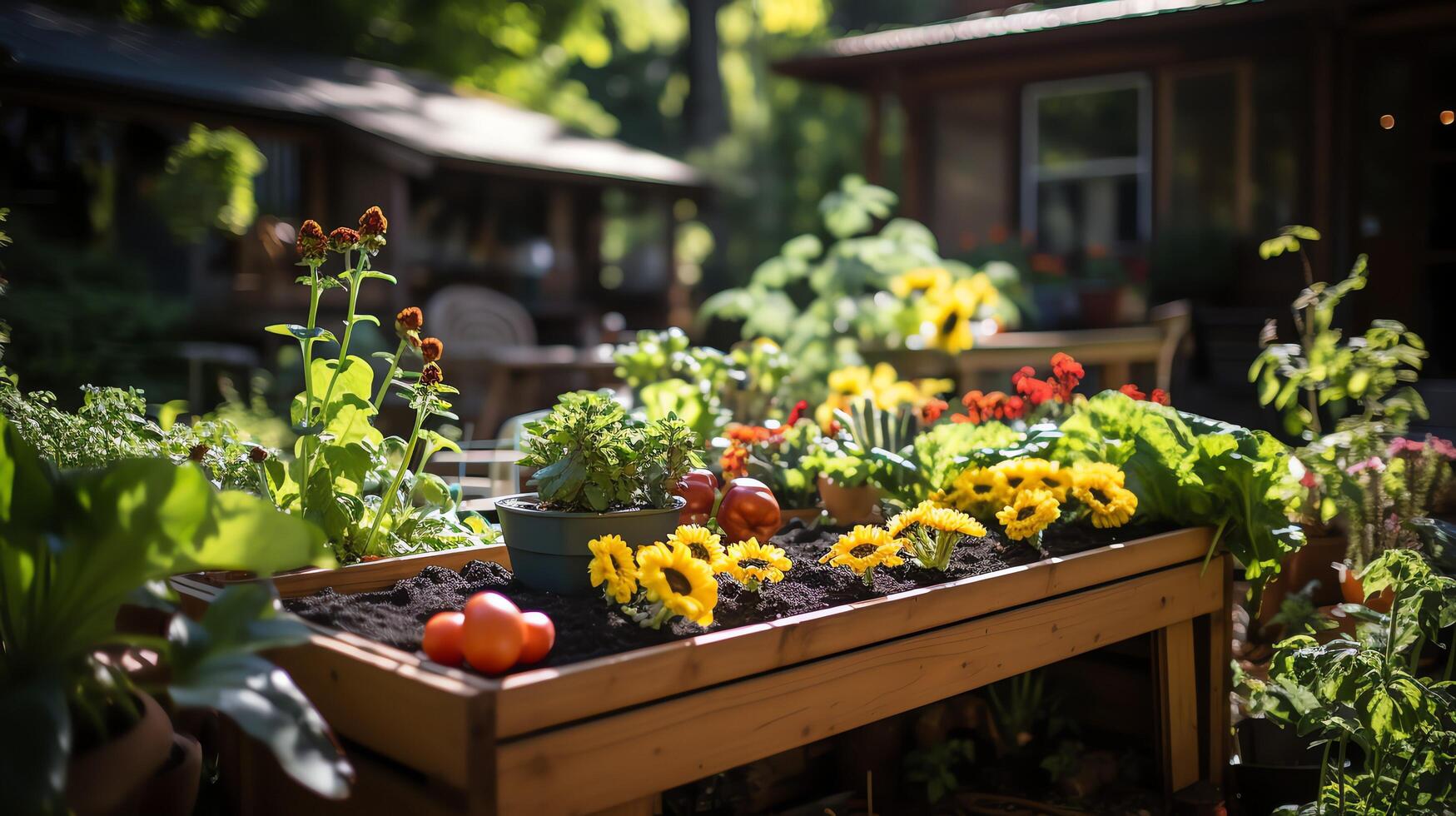 Wooden house in village with plants and flowers in backyard garden. Garden and flower on rural house concept by photo