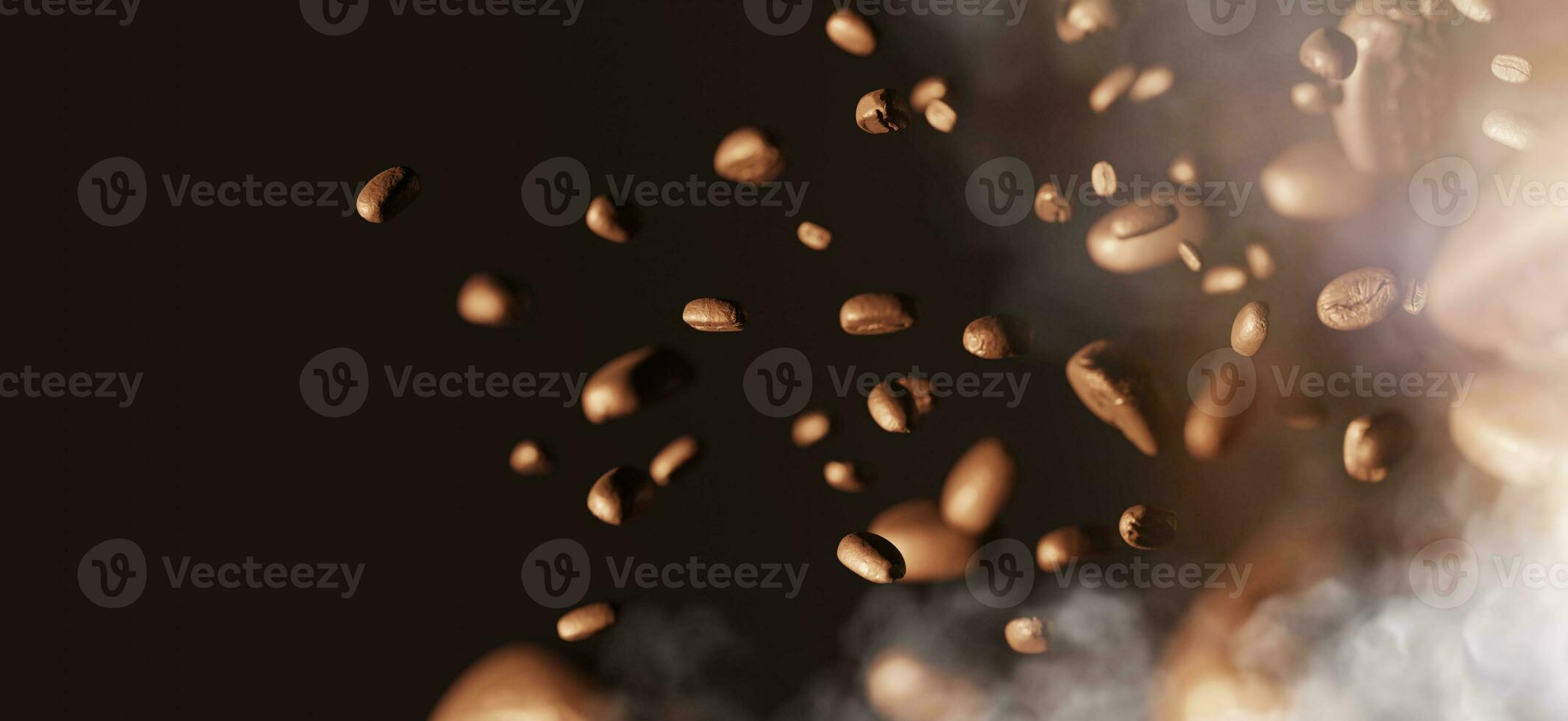 Roasted coffee beans floating in the air aroma freshly roasted coffee with smoke and fire Arabica Robusta 3D illustration photo