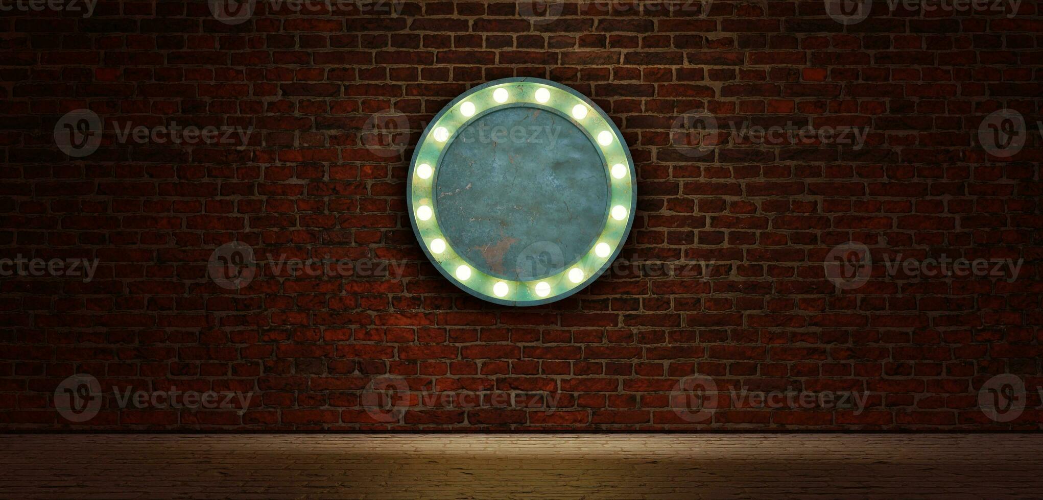 glowing neon circle frame in retro style Brick wall background Billboard sign Long billboard Blank glow sign with neon lamp 3d illustration photo