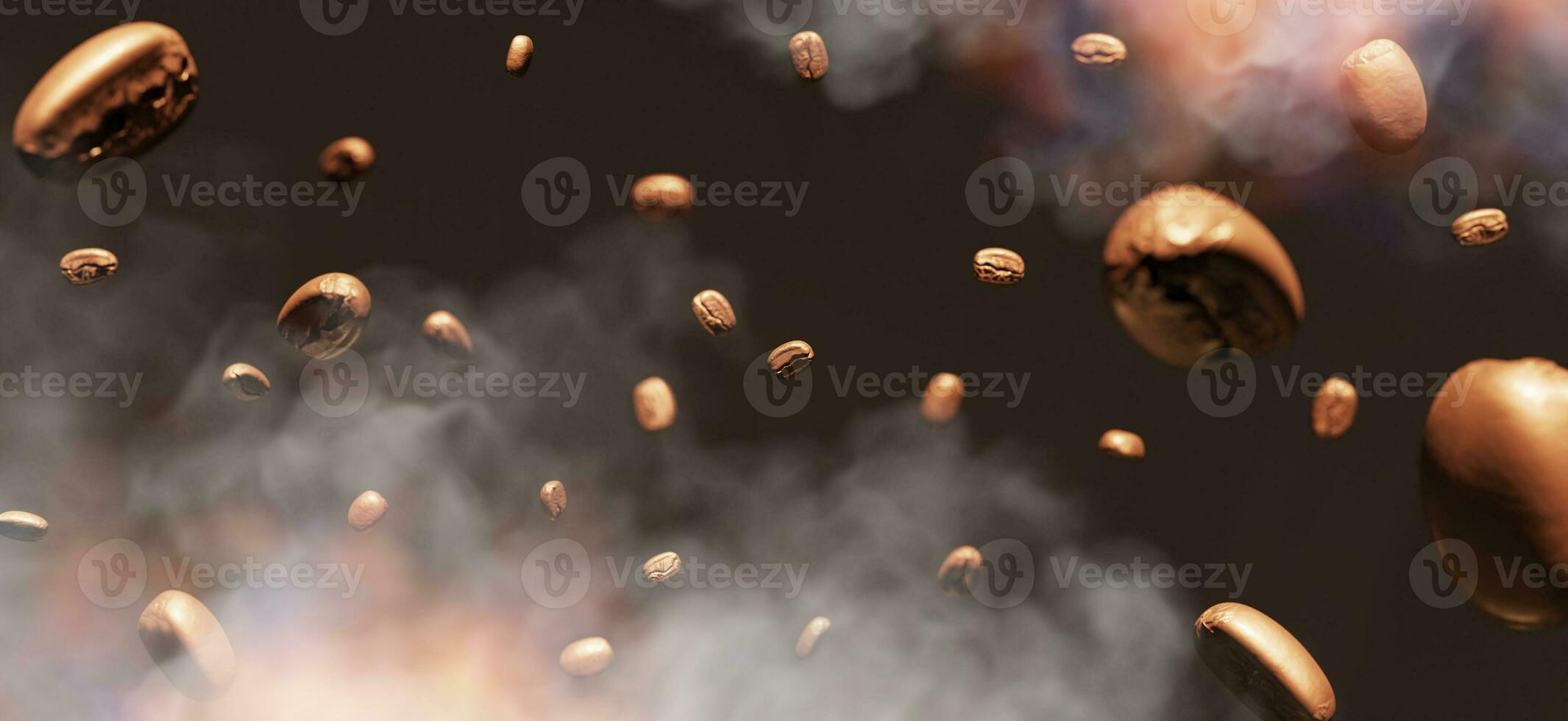 Roasted coffee beans floating in the air aroma freshly roasted coffee with smoke and fire Arabica Robusta 3D illustration photo