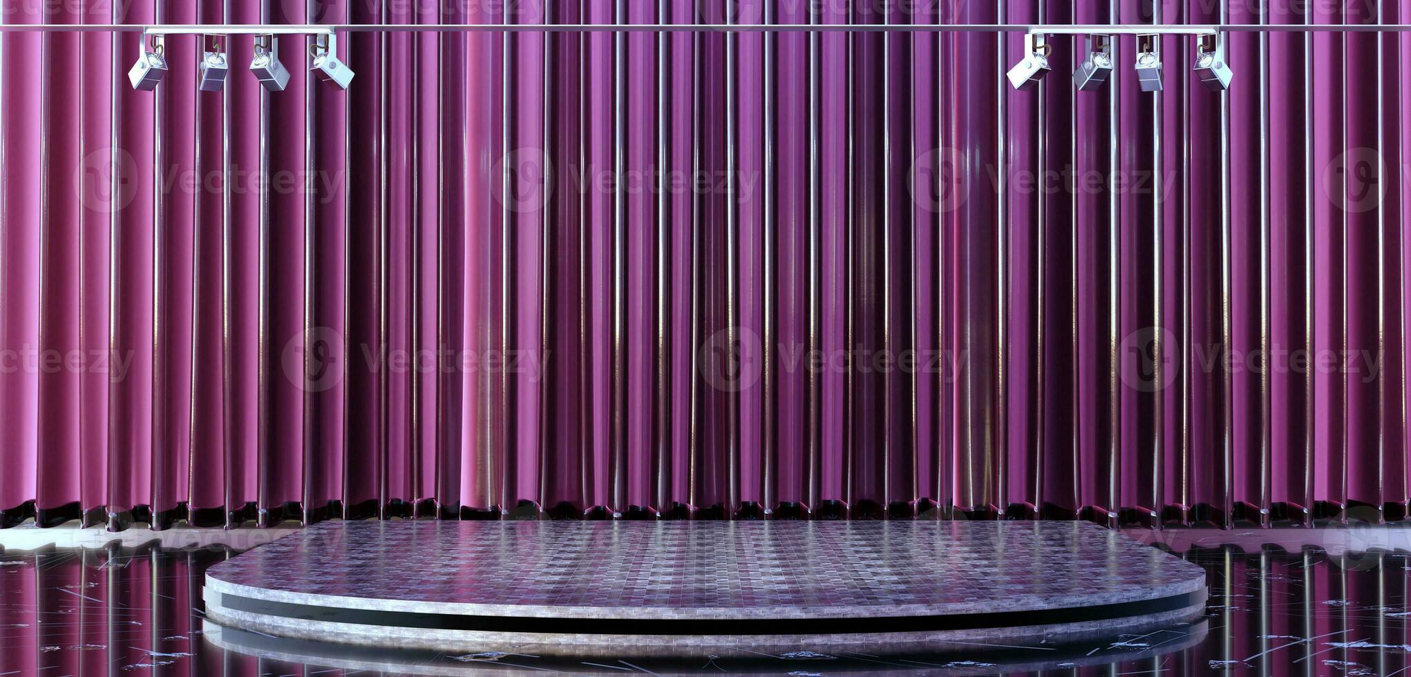 Stage  show room theater with curtains and spotlights The stage was raised with stage lights template for trade show cinema scene theater background 3d illustration photo