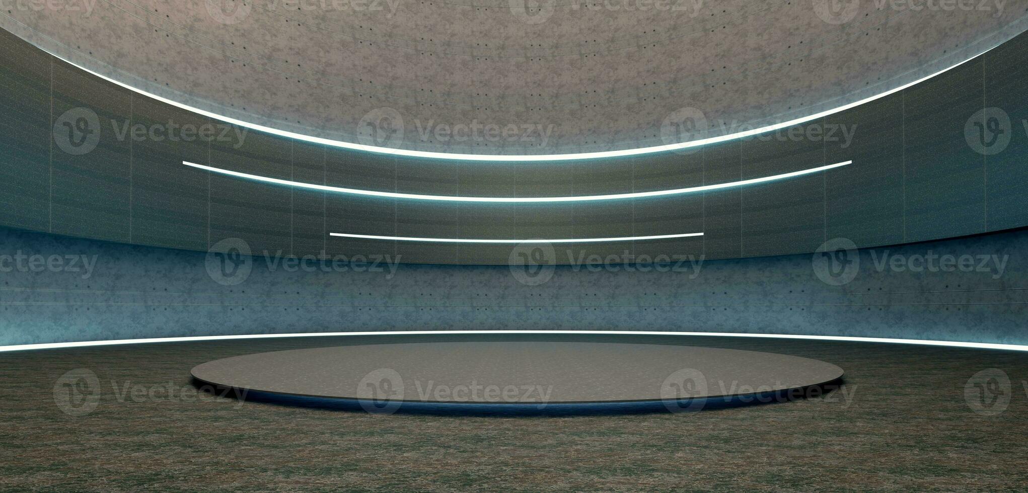 Arc shaped stage. Arc dome Great hall. Neon lights and lasers Circular room Circular podium Modern scene 3d illustration photo