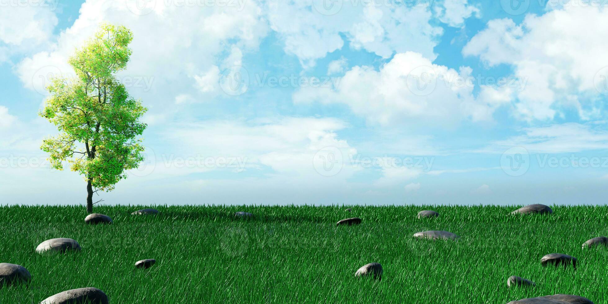 Meadow and clear sky on a cloudy day Vast lawn Rural landscape Skyline 3D illustration photo