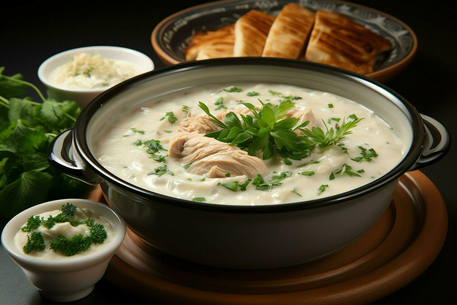 A delicious chicken soup food with vegetables in a bowl. Winter food and high protein soup meal concept by AI Generated photo