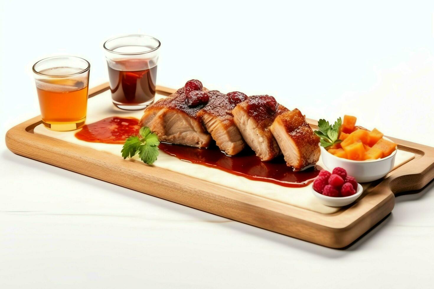 Pork belly braaivleis with mango and chili sauce served on a wooden plank. Restaurant food concept by AI Generated photo