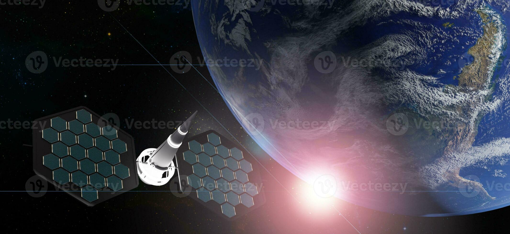 extraterrestrial solar cells transmission of electrical energy from outer space wireless power transfer Solar receiving satellite solar panel 3d illustration photo