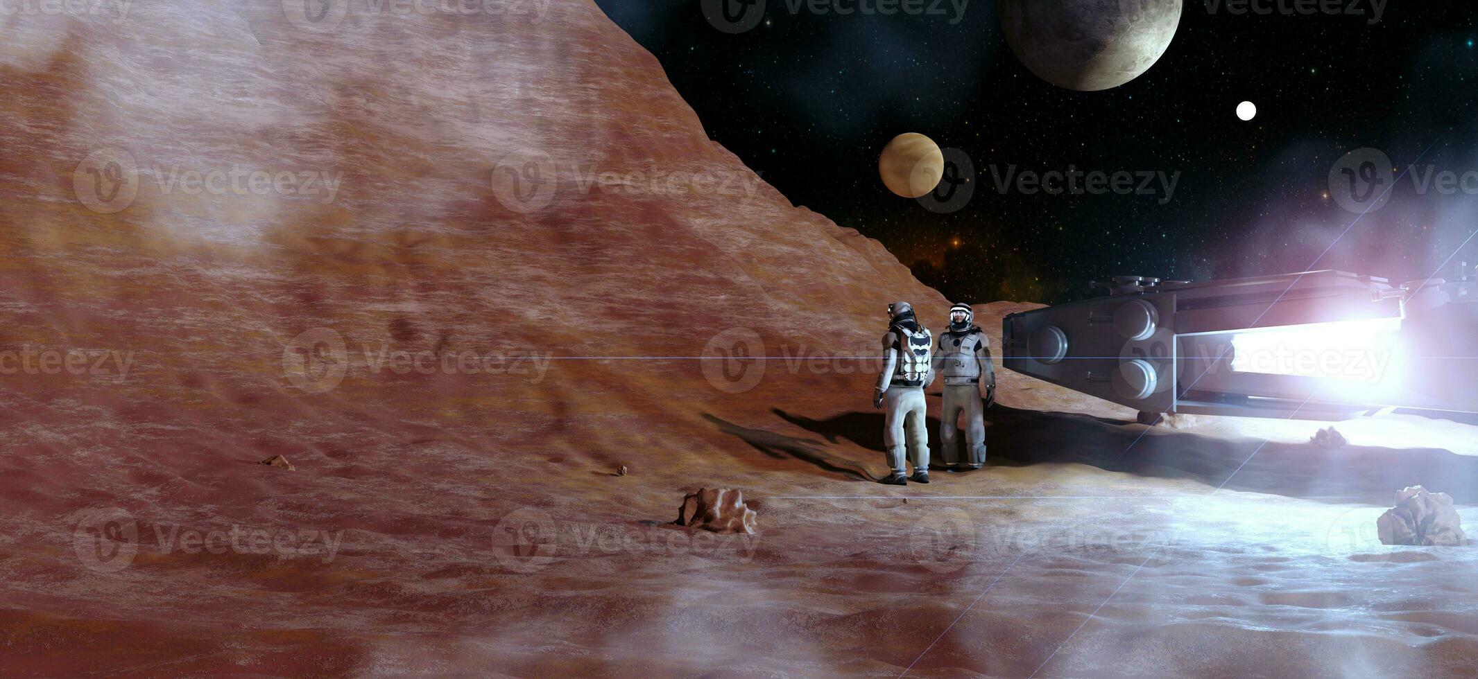 space exploration missions and planets An astronaut walks on the star surface new planet Futuristic space base exploration Red Planet. Colony on Mars 3D rendering photo