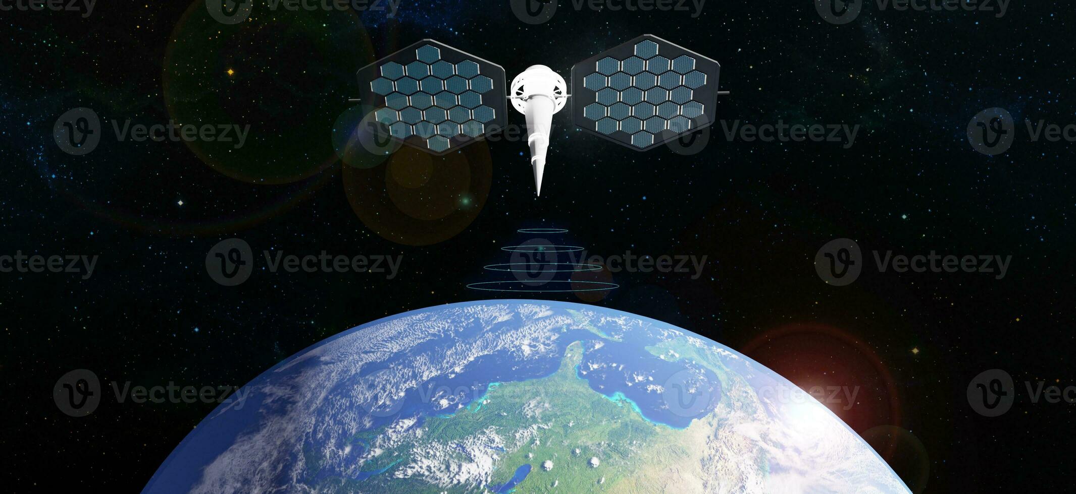 extraterrestrial solar cells transmission of electrical energy from outer space wireless power transfer Solar receiving satellite solar panel 3d illustration photo
