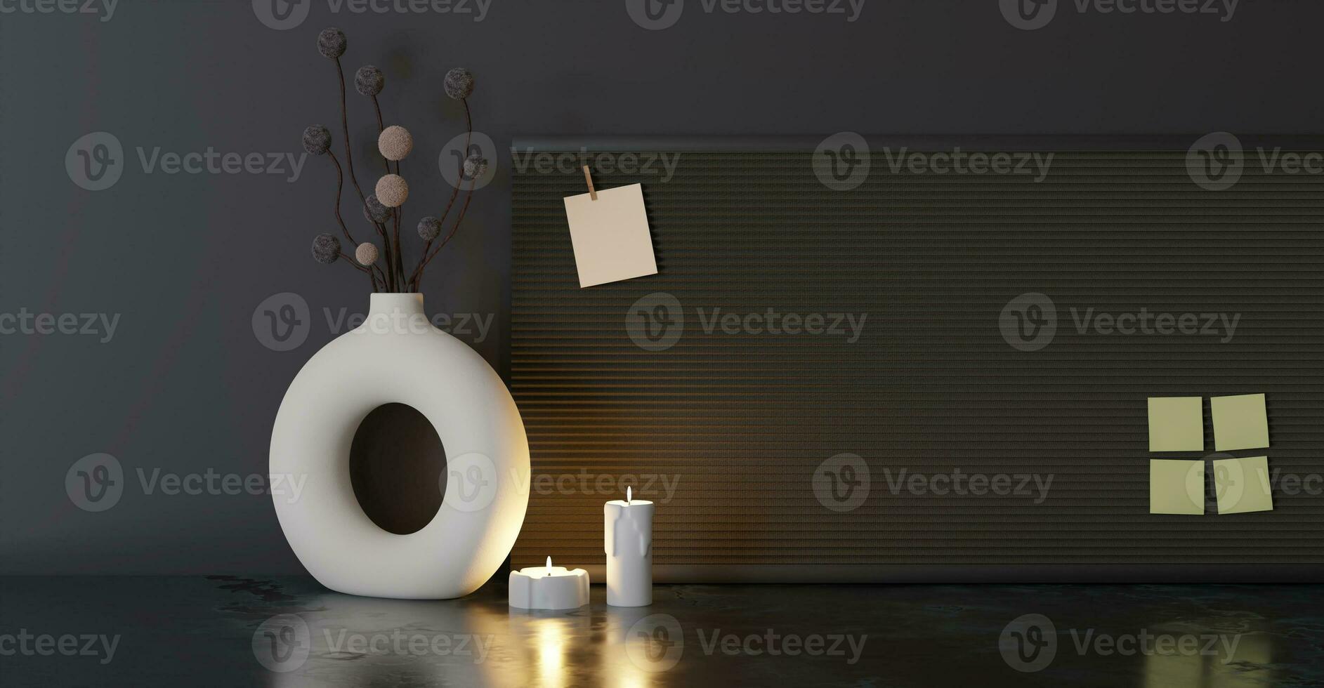 Notice boards post it notes  bulletin boards candles and sticky notes on the board Home office desk and note paper on dark wall candle light in dark room Copy space 3D illustration photo