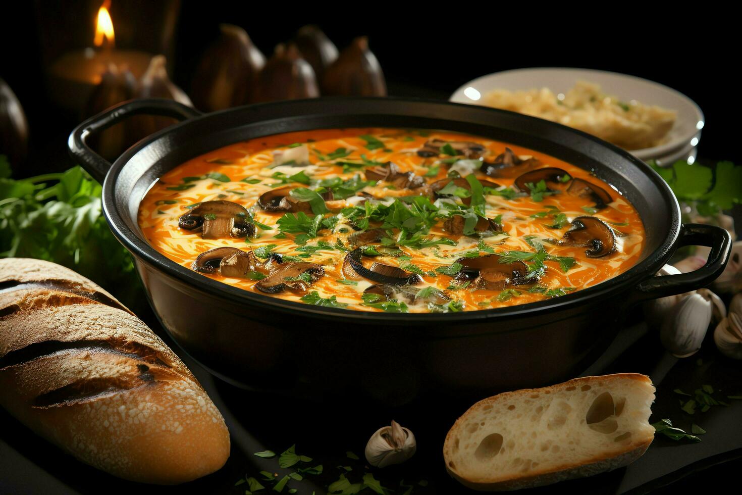 A delicious bouillabaisse soup food in a bowl. Marseille food and healthy protein soup meal concept by AI Generated photo