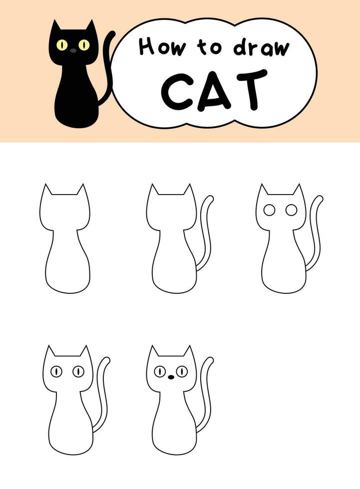 How to draw black cat step by step for education. Kids cartoon vector