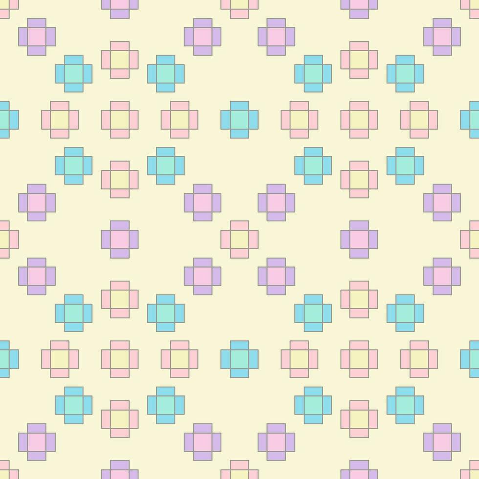 Seamless pattern of a Pixelate Flower 8 Bit in pink, blue, and purple pastel color on yellow background, Vector for fabric, wrapping, wallpaper, textile