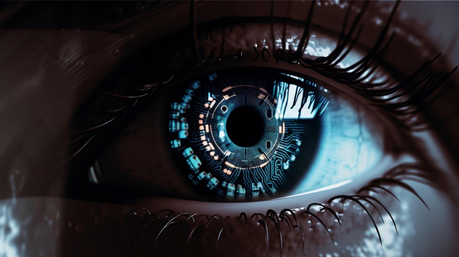 Extreme close-up of an robotic eye, electronic pupil, chip, photo