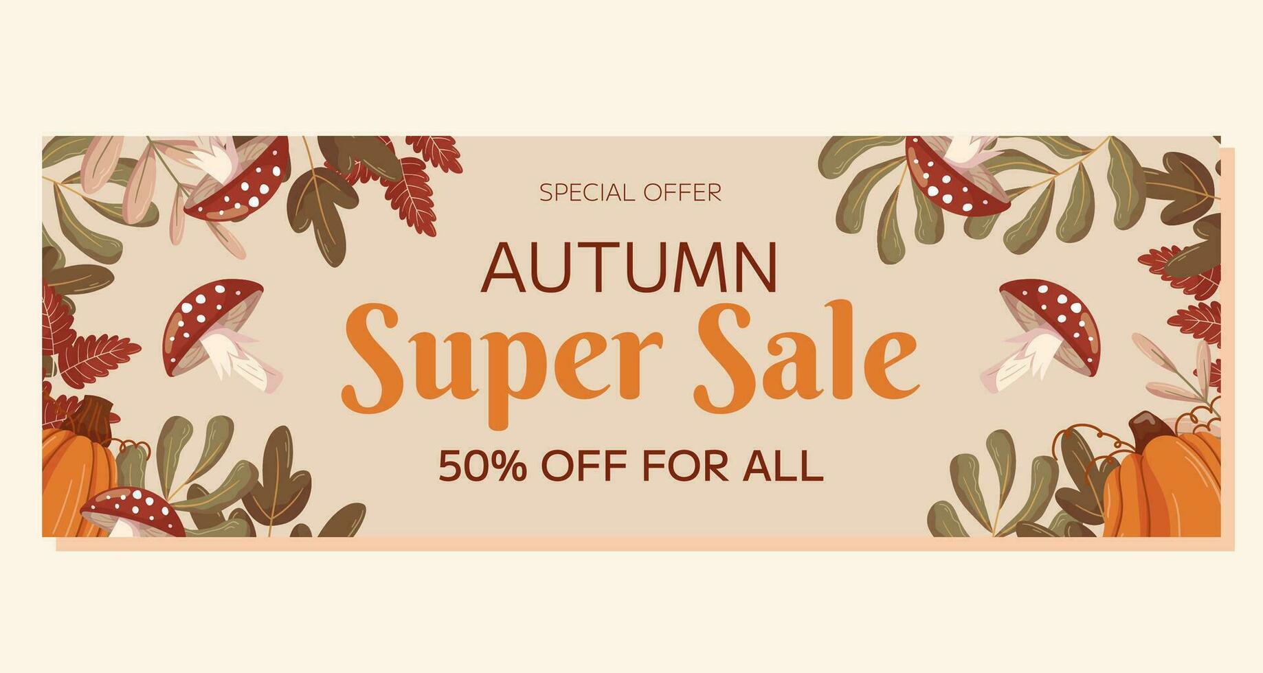 Autumn Super Sale horizontal banner template design with copy space. Frame with different leaves branches, pumpkins and mushroom fly agaric. Marketing banner with an offer of a special price. vector