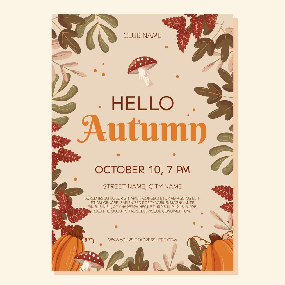 Hello Autumn Party poster template design. Frame with different leaves branches, pumpkins and mushroom fly agaric. Event invitation for club vector