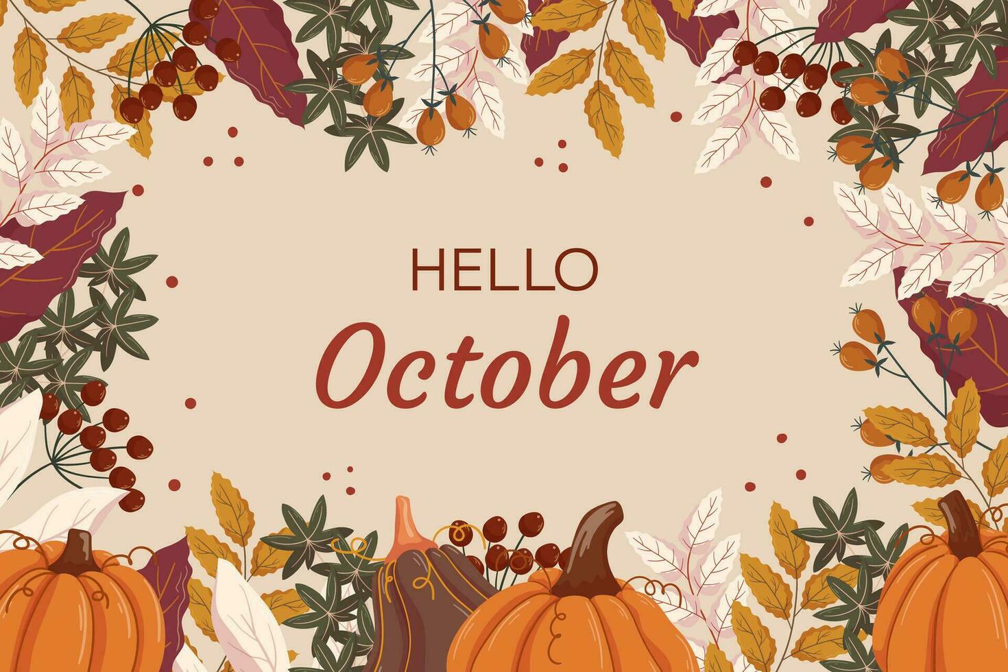 Hello October background design with different leaves branches, pumpkins, red berry on twig, copy space. Fall concept backdrop frame with autumn vegetable and foliage. vector