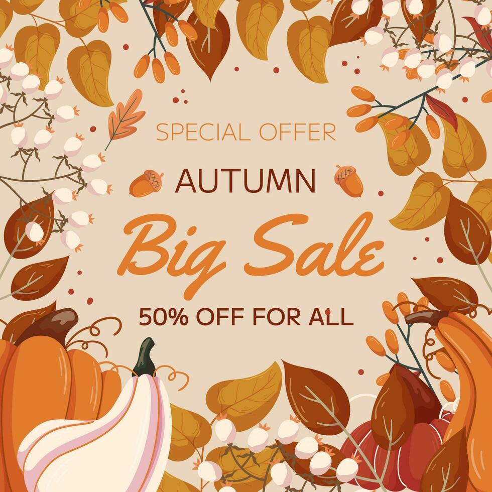Autumn Big Sale square template design with copy space. Concept for square social media post frame with different leaves branches, pumpkins and acorns, white berry on twig. vector