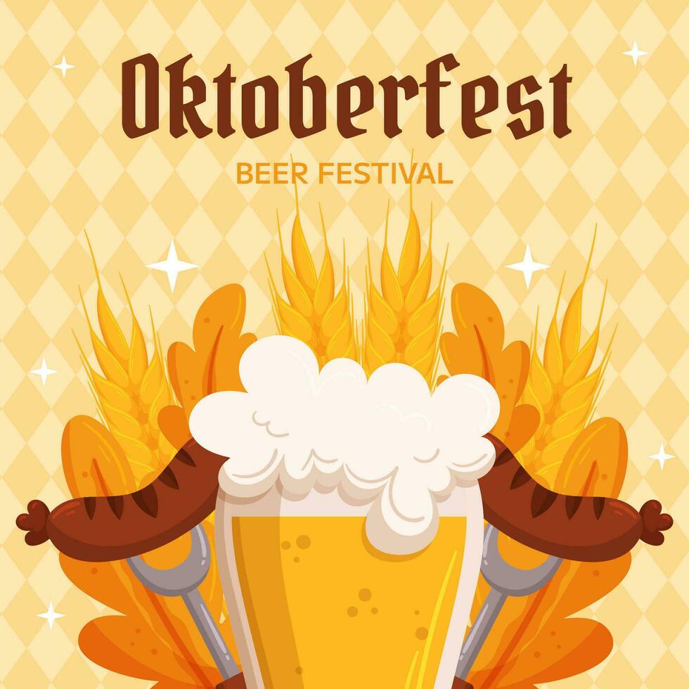 Oktoberfest German beer festival square social media post template. Design with glass of beer, forks with grilled sausage, wheat and leaves. Light yellow rhombus pattern vector