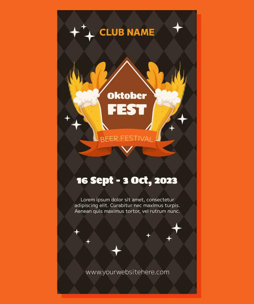 Oktoberfest German beer festival vertical banner template design. Design with glass of beer, wheat and leaves, banner ribbon. Rhombus pattern on back vector
