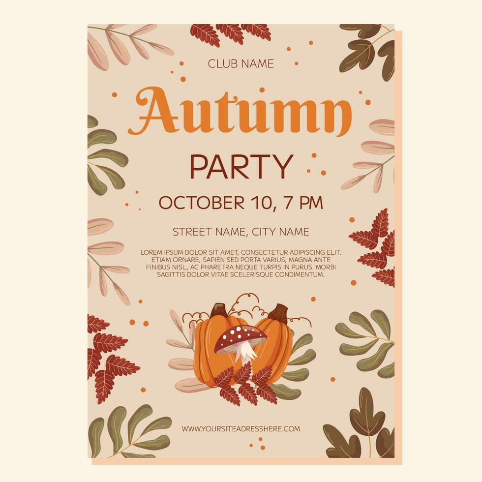 Autumn Party poster template design. Frame with different leaves branches, pumpkins and mushroom fly agaric, copy space. Event invitation for club vector