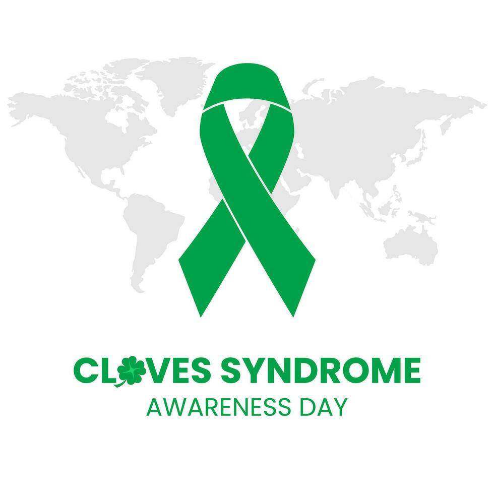 Vector graphic of Cloves Syndrome Awareness Day Celebration with green awareness ribbon, clover