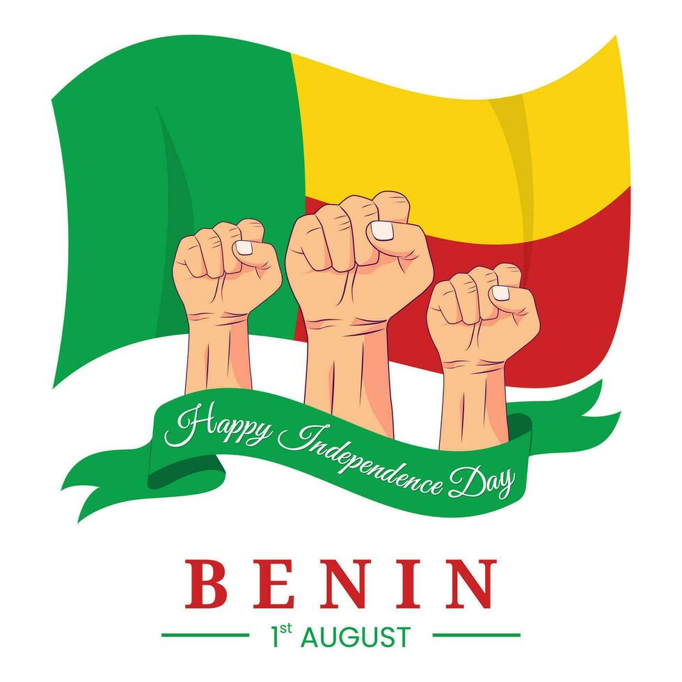 Vector graphic of Happy Benin Independence Day for greeting card with clenched fist and ribbon