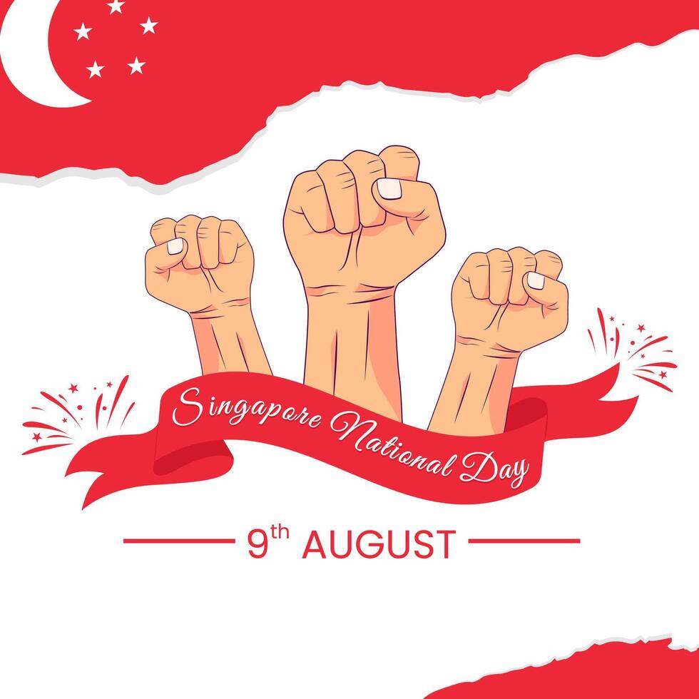 Vector graphic of Singapore National Day for greeting card with clenched fist, fireworks and ribbon