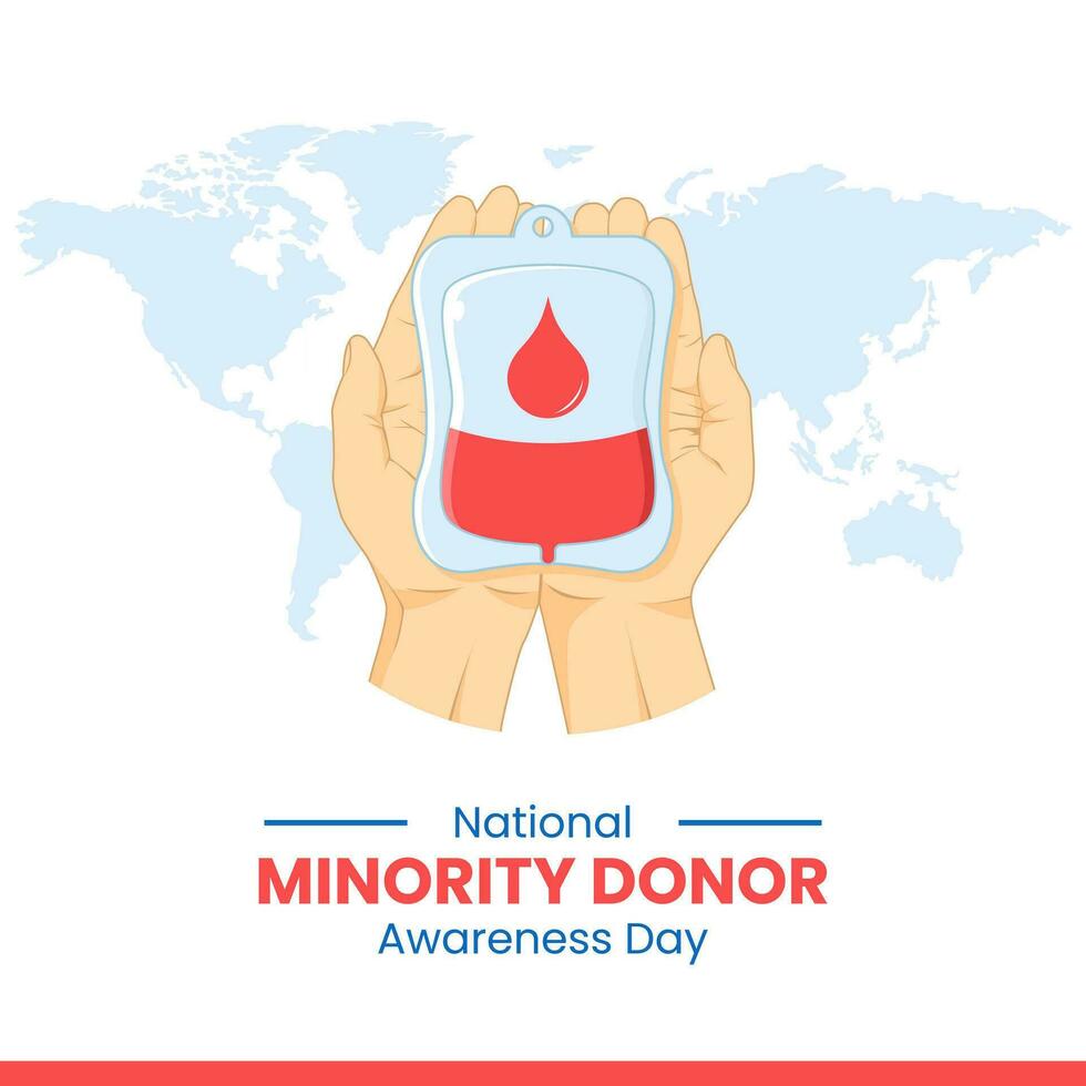 Vector graphic of two hands and blood bag on world map background, suitable for national minority donor awareness day