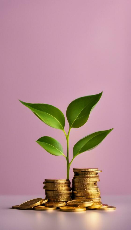 A photo front view of plant growing from golden coins with pink background