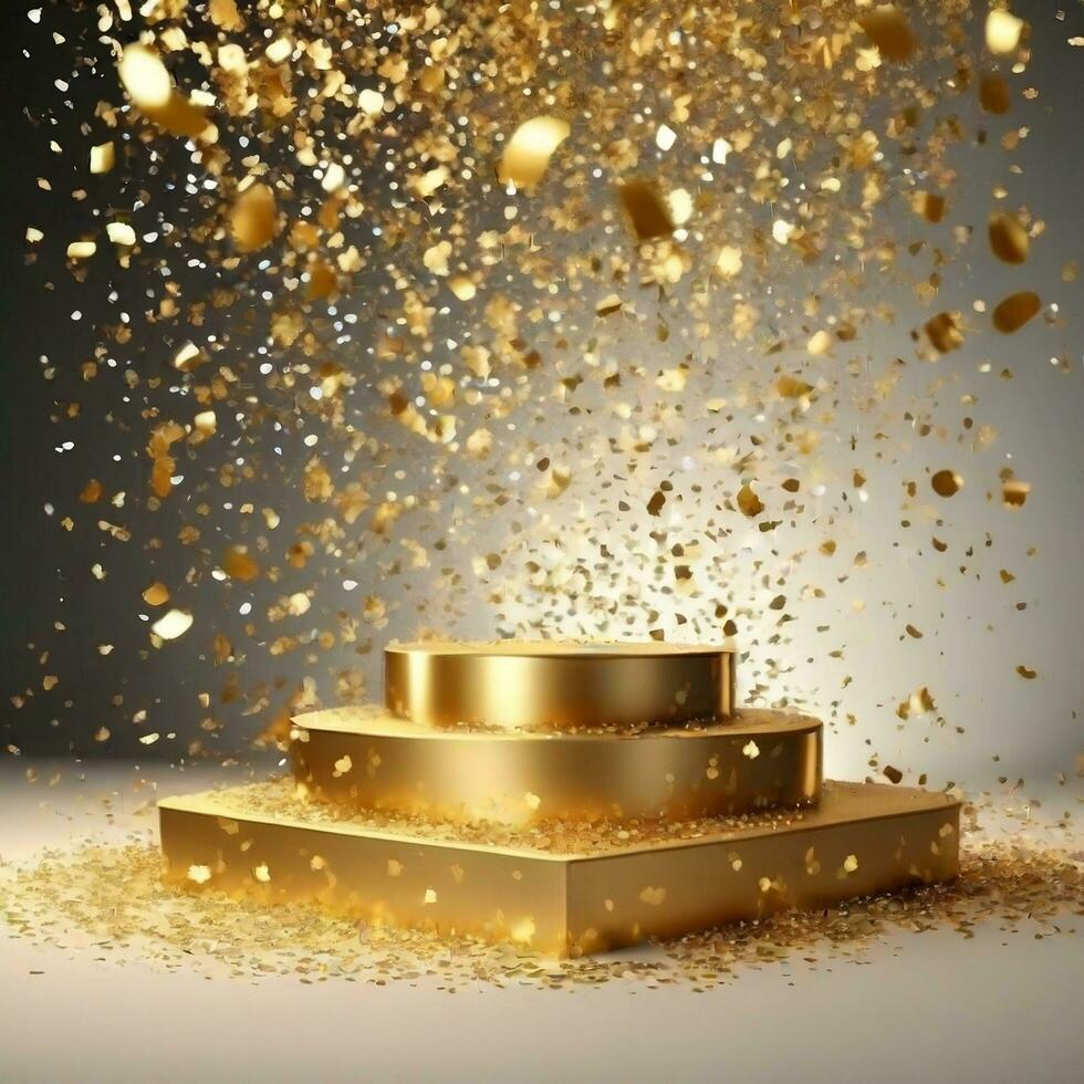 realistic golden podium with sparkling confetti and white background photo