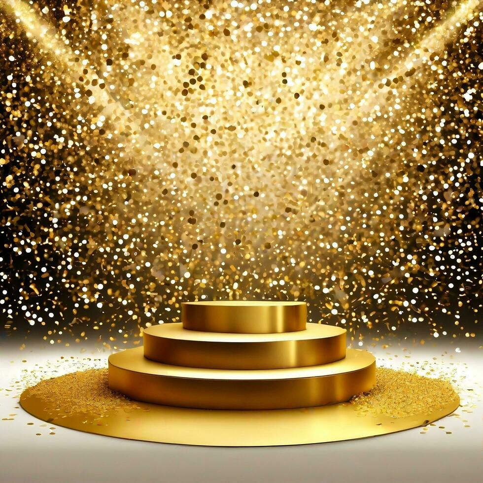 realistic golden podium and sparkling confetti with black background and white floor photo