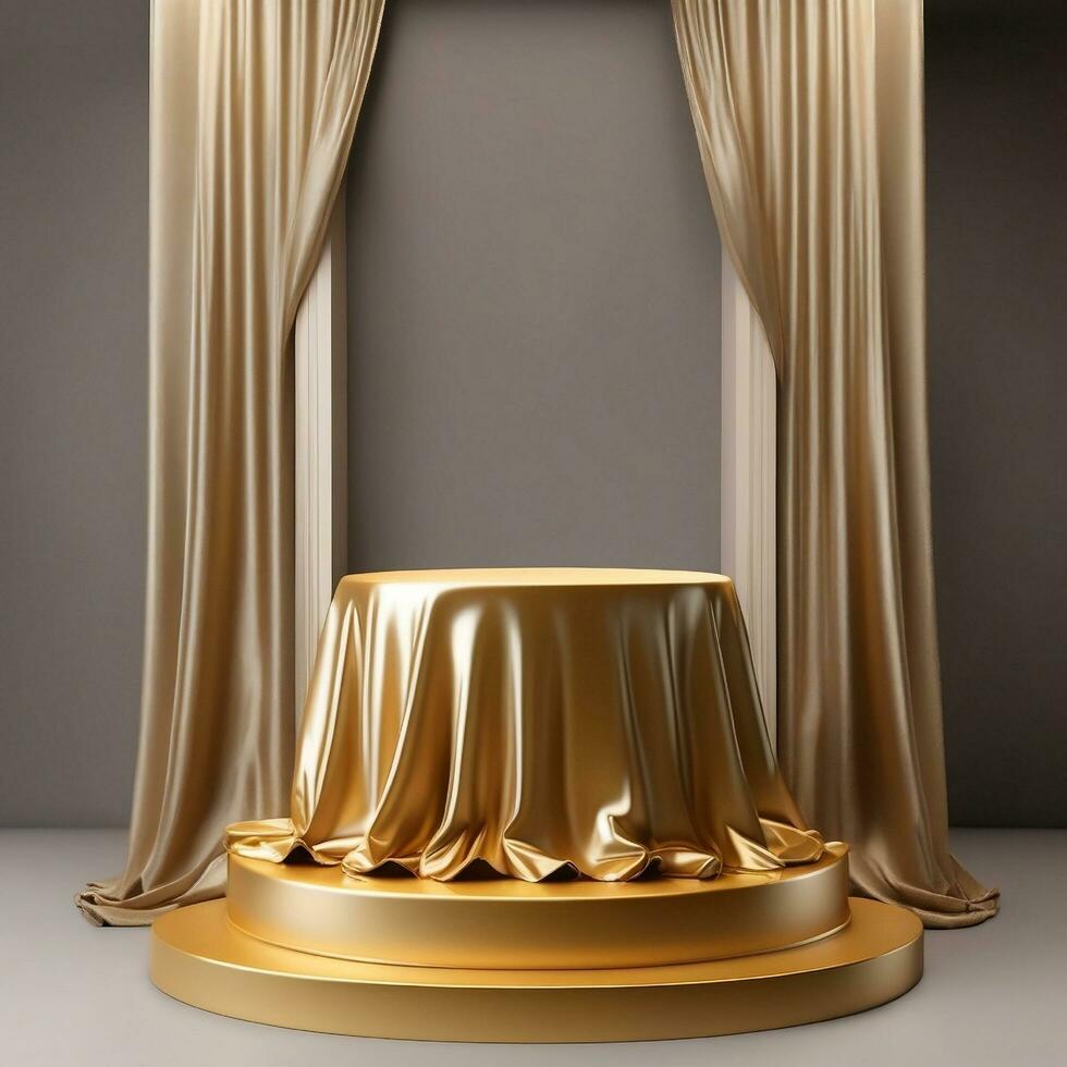 Premium and luxury golden  podium with golden fabric placed on top luxury pedestal and grey background photo