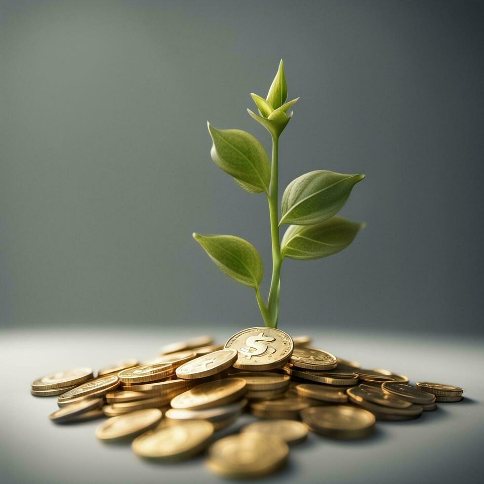 A photo front view of plant growing from golden coins with grey background