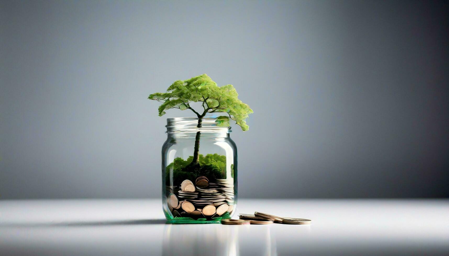 A tree grows on a coin in a glass with copy space with clean background photo