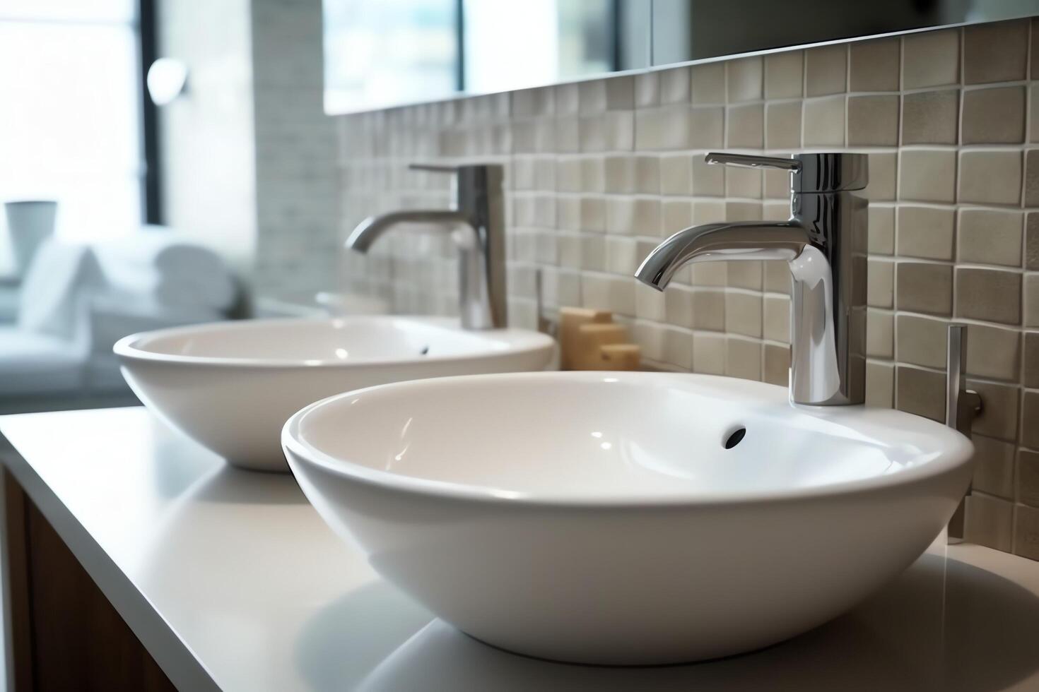 moderno público baño con fila de blanco cerámico lavar lavabo lavabos y grifo con espejo en Area de aseo concepto por ai generado foto