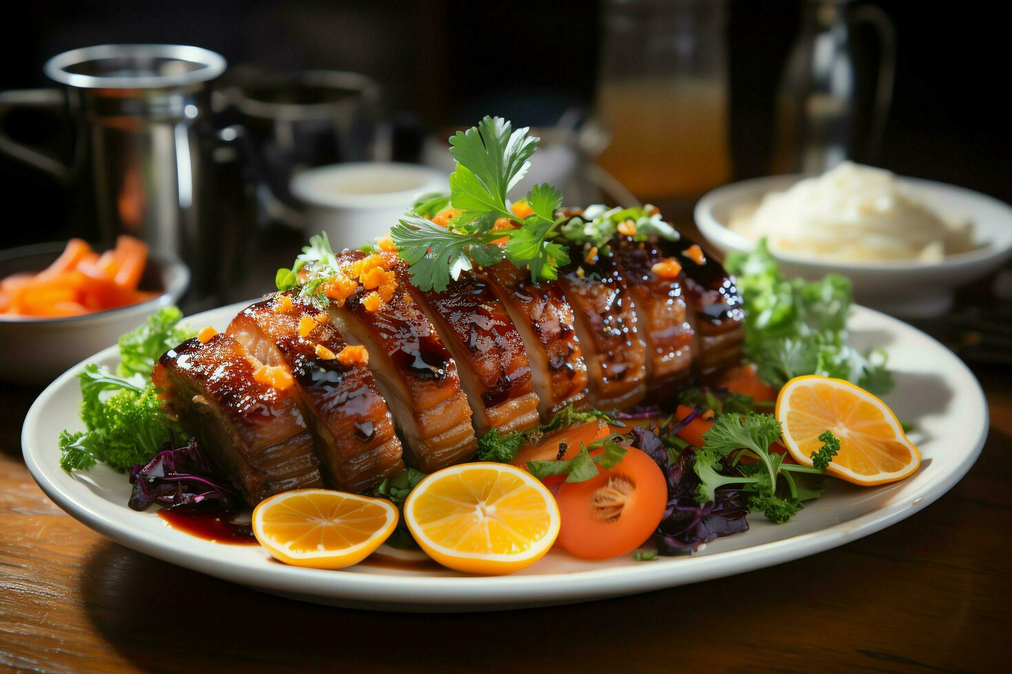 A delicious crispy pork belly fancy on plate. Restaurant food and asian cuisine concept by AI Generated photo