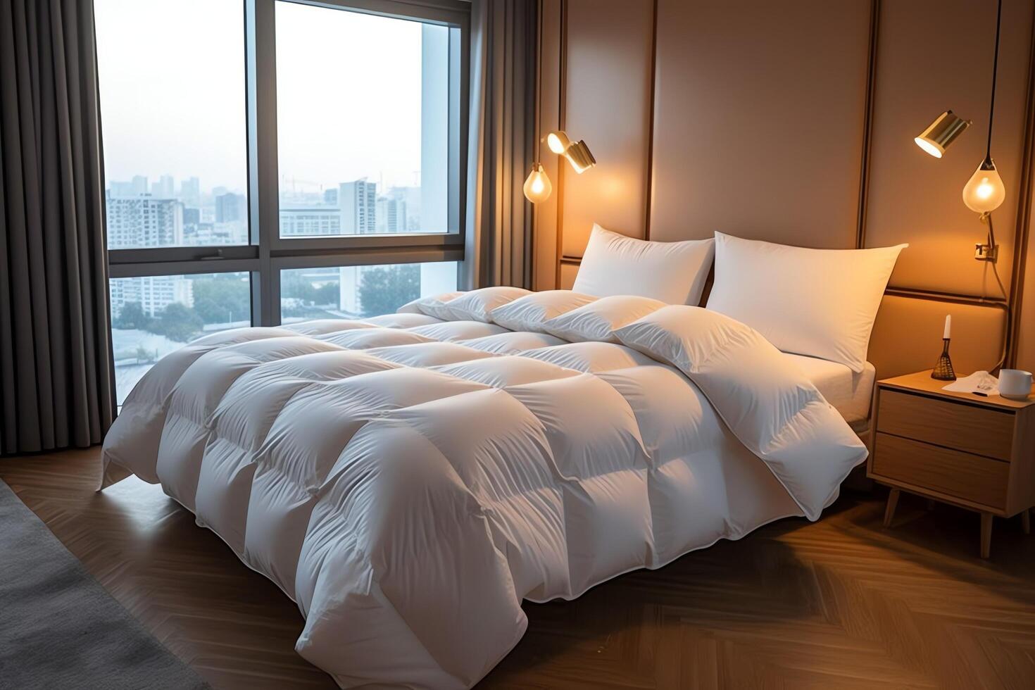 Beautiful luxury comfortable white pillow and blanket on bed decoration. Luxury white down comforter concept by AI Generated photo