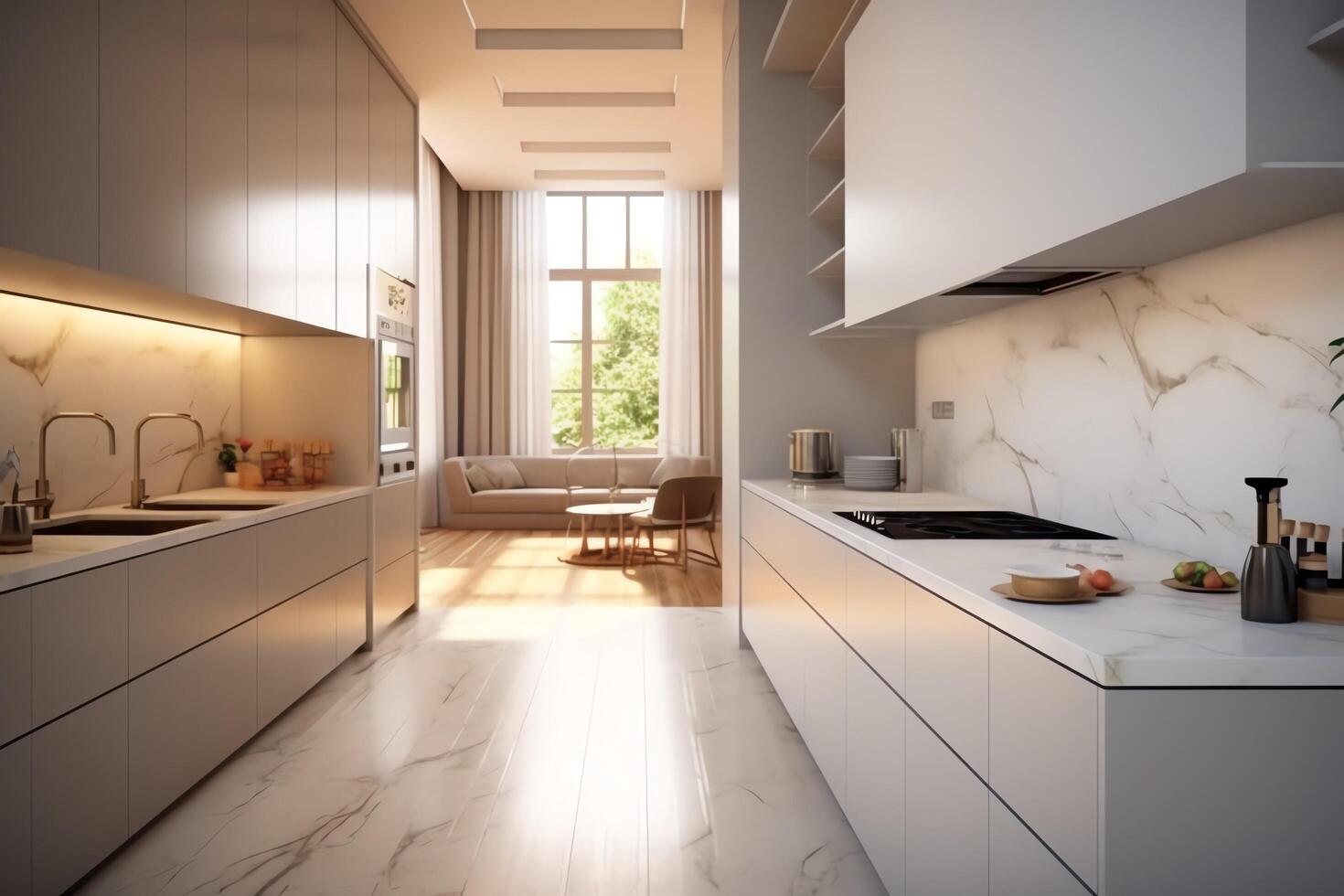 Modern kitchen interior design in apartment or house with furniture. Luxury kitchen home scandinavian concept by photo