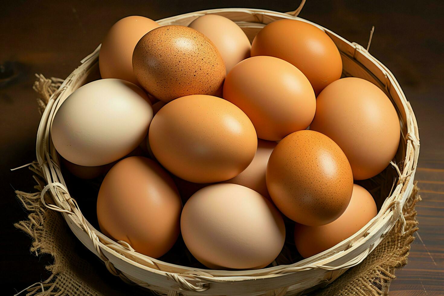 A lot heap of fresh chicken eggs on the wooden, nest or straw basket. Eco eggs groceries healthy concept by AI Generated photo