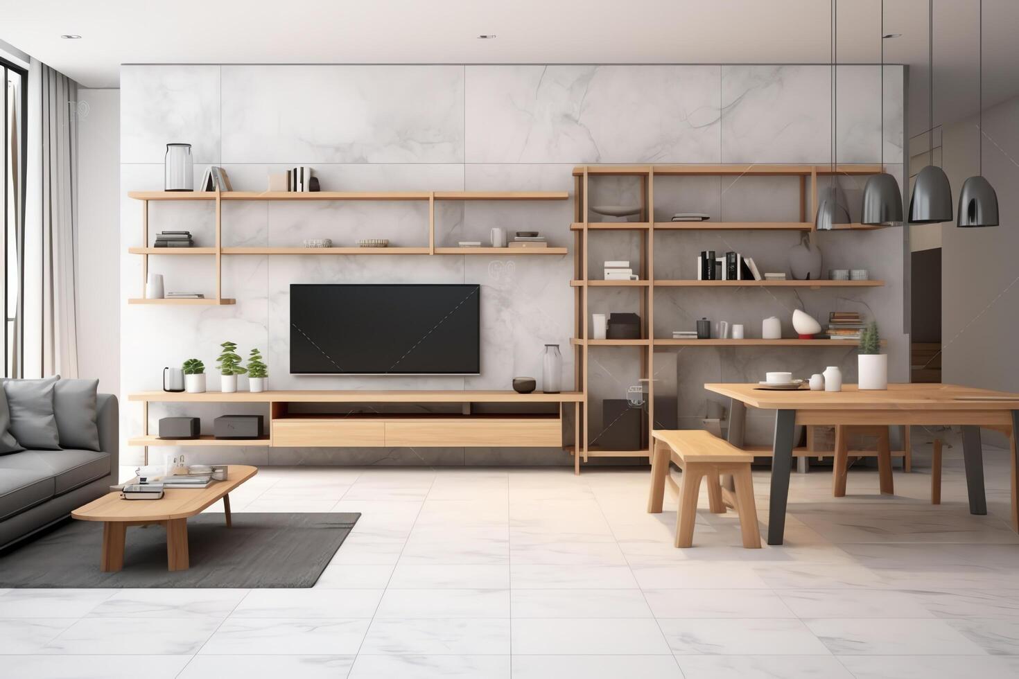 Modern apartment interior in living or bedroom design with working table, furniture, and bookshelf. Luxury home scandinavian concept by photo
